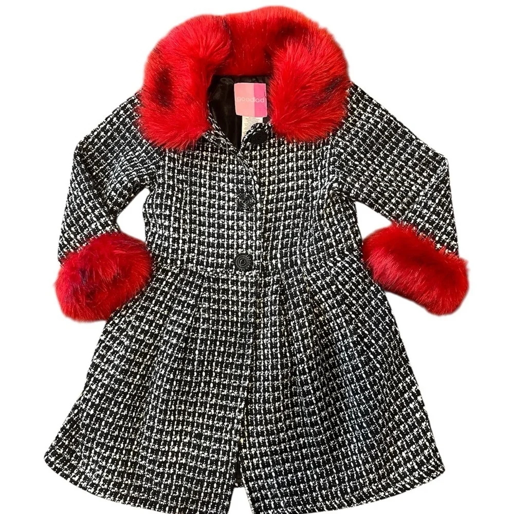 Goodlad Stylish Black and White Coat with Red Fur Accents Coat Girls Sz 4